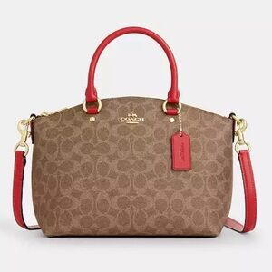 Coach Signature Brown with Red Accents Sadie Satchel Bag